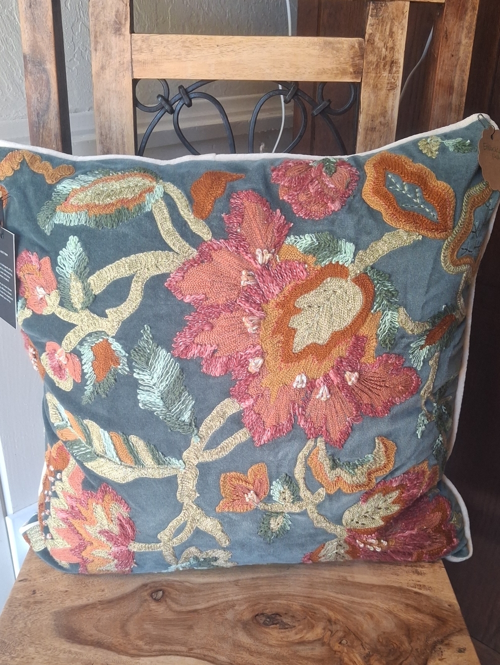 Neiman Marcus Embroidered Floral Throw Pillow in Teal and Rust - Home Accents